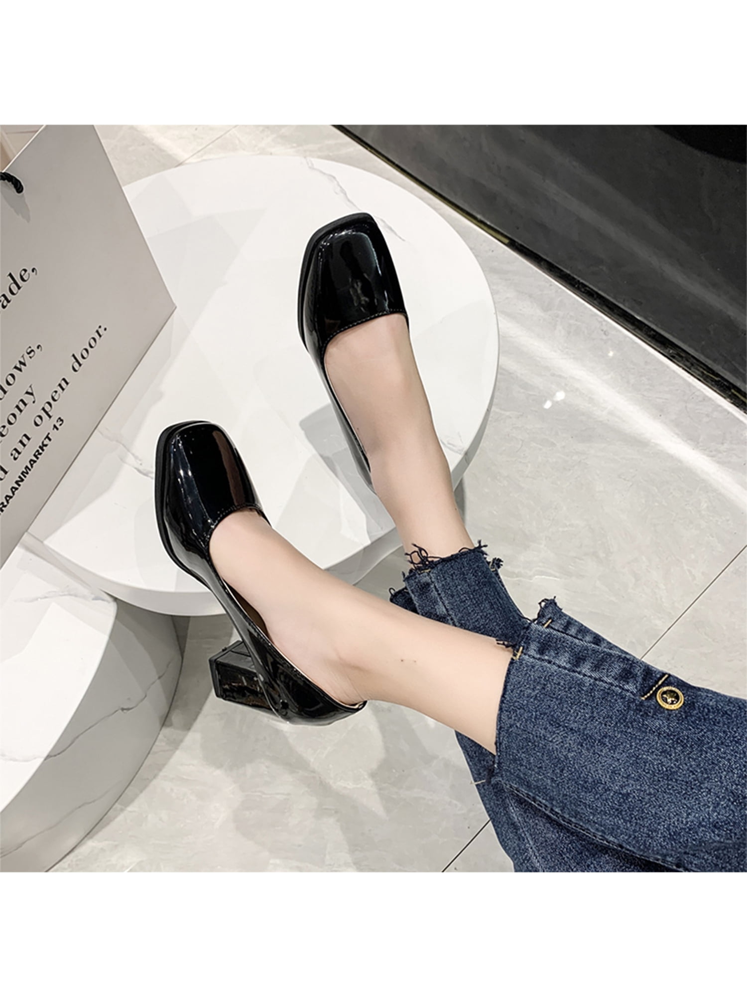 Oucaili Women s Chunky Block Heel Slip On Pumps Black in Kosovo at 48 Rating 5