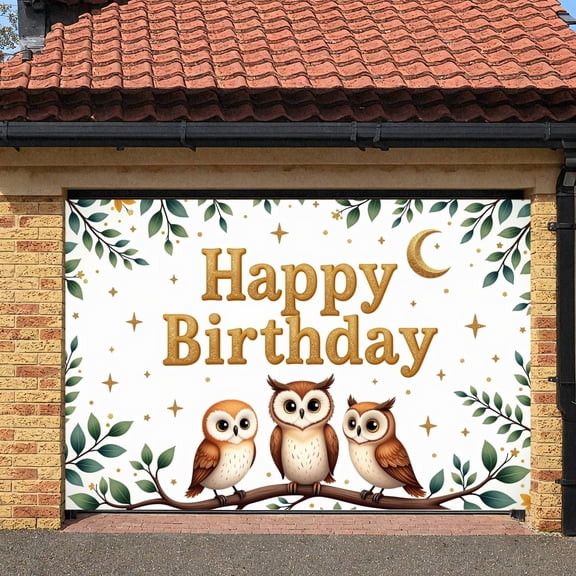 Owl Design Banner Green Leaves Owl Birthday Display Golden Stars Crescent Moon Birthday Backdrop for Birthday Party Kids Birthday Indoor Decoration