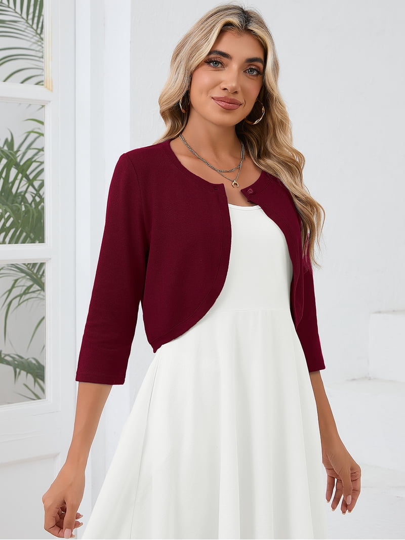 Demotime Women's Cardigan 3/4 Sleeve Cropped Open Front Bolero Shrug for Dresses Burgundy S Demotime Women's Cardigan 3/4 Sleeve Cropped Open Front Bolero Shrug for Dresses Burgundy S