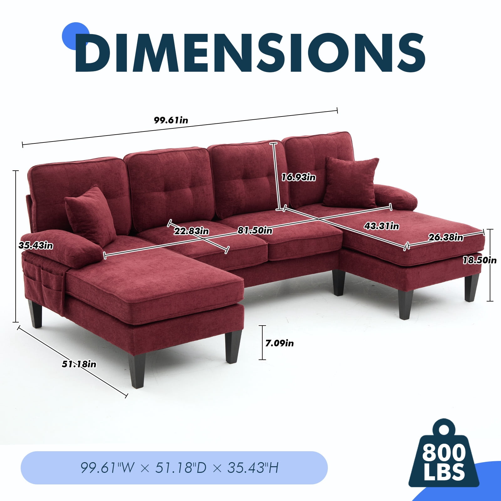 MOONMISS U-shaped Sectional Sofa,sectional Couches With Double Chaise,linen Fabric Couch For Living Room,Wine Red