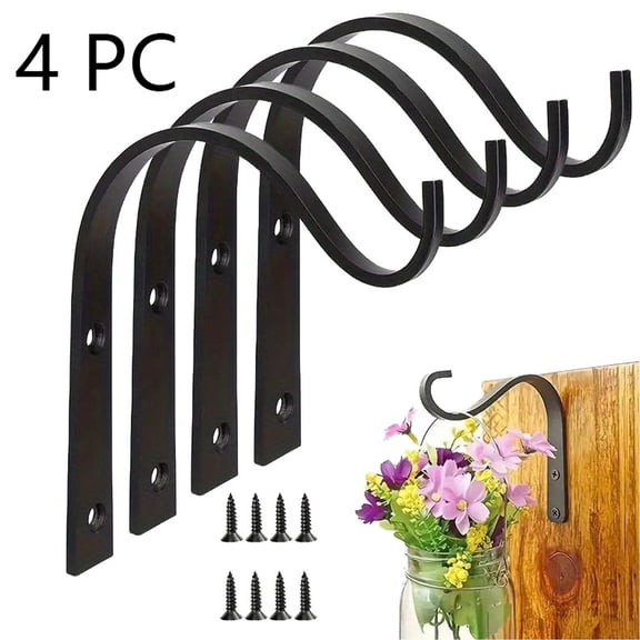 4 Pack Iron Wall Hooks for Hanging Plant Lanterns, Plant Hanger Fence Metal Bracket for Bird Feeders, Wind Chimes, Mason Jar Sconces, Light Outdoor Indoor Rustic Home Decor, 3 x 4Inch Artwork Hanger