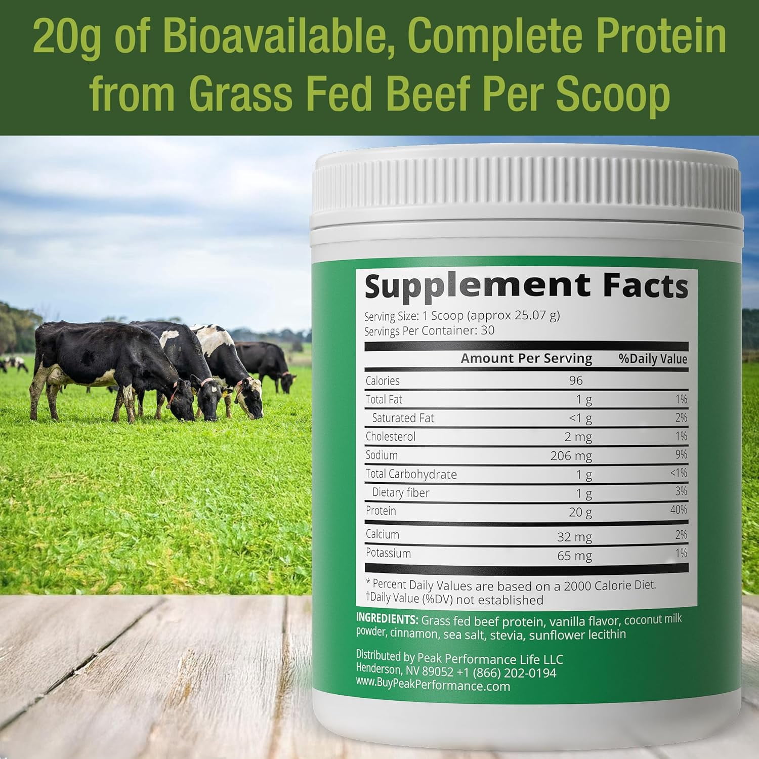 Peak Performance Beef Protein Isolate Powder - Lactose Free, Great Tasting, Grass Fed, No Whey. Vanilla Flavor -30 Servings