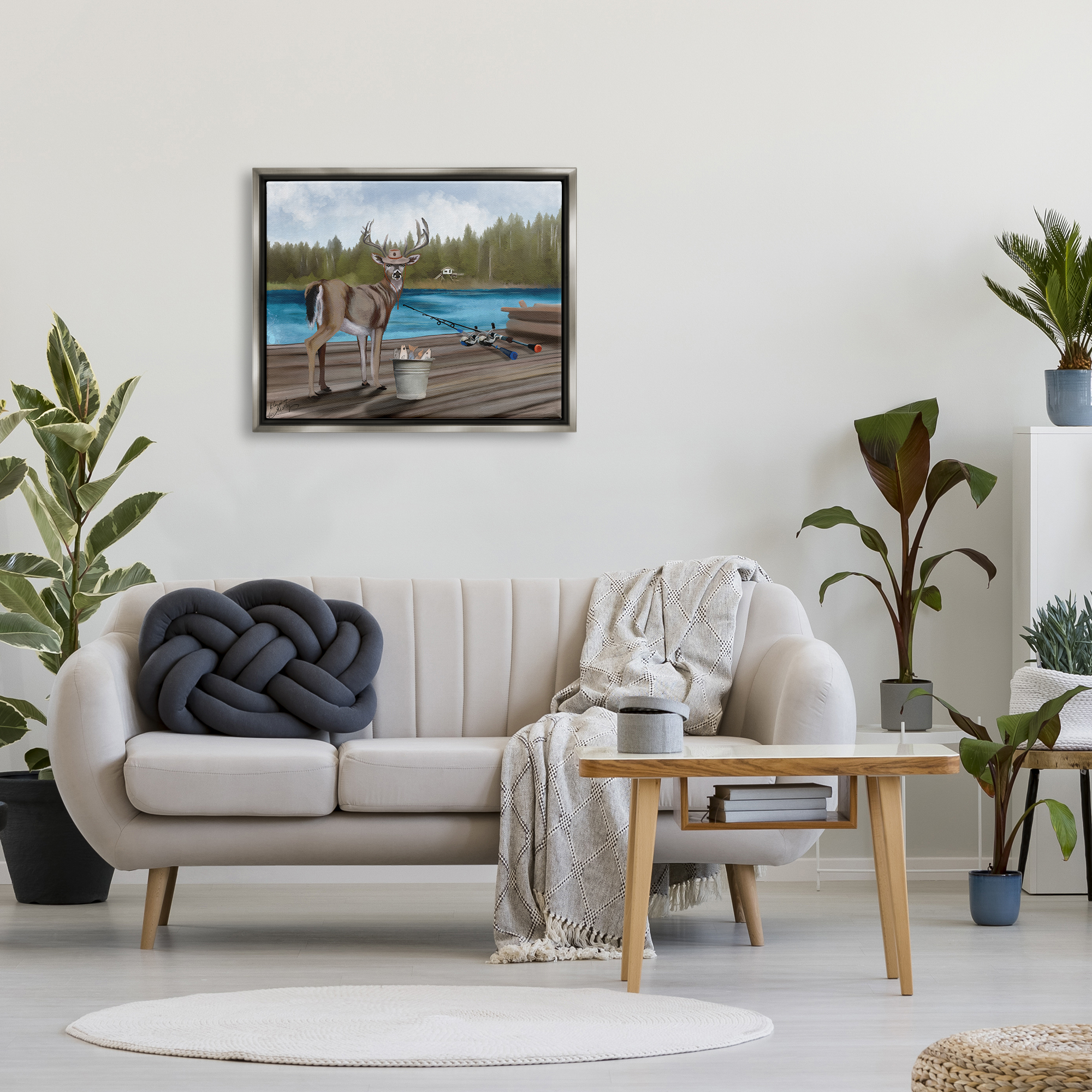 Stupell Funny Fisherman Deer Camp Lake Animals & Insects Painting Gray Floater Framed Art Print Wall Art
