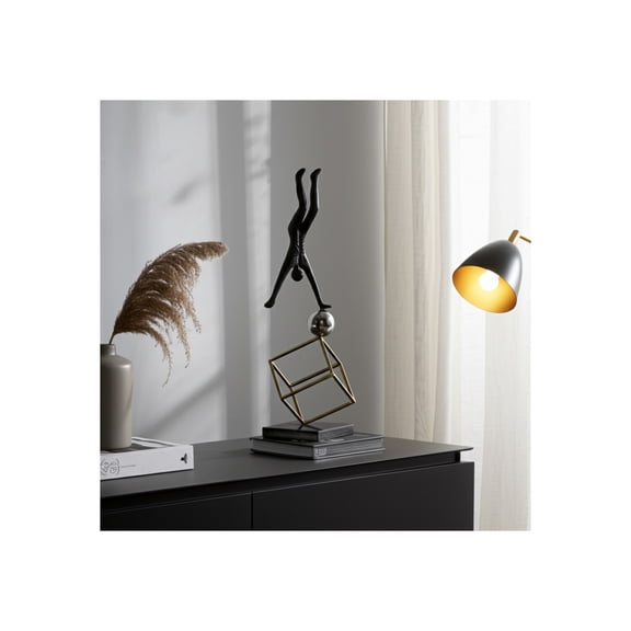 Sculpture Metal Aluminum Handstand Figure on Sphere with Geometric Cube Base Metallic for Home Office Bedroom Living Room Display Decor Accent Tabletop Art - 19" Black & Gold