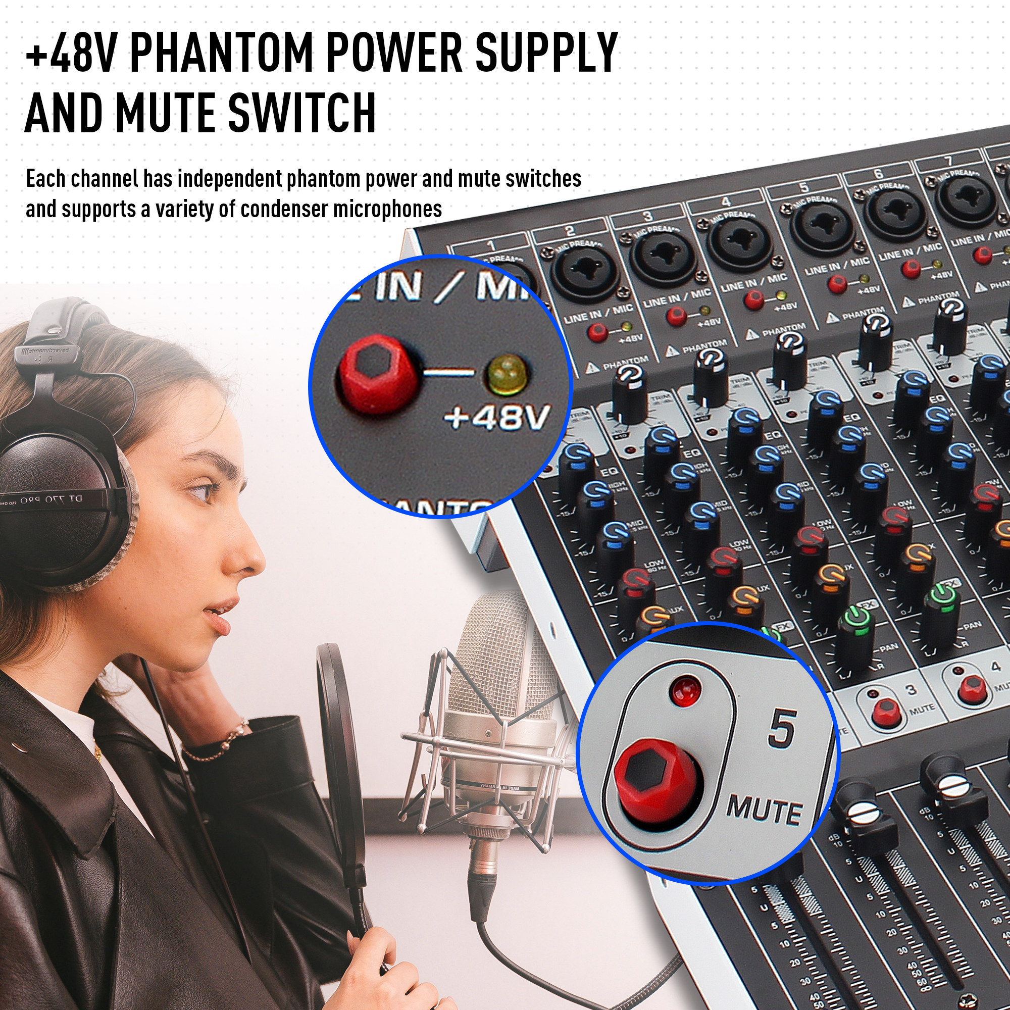 FULODE 12-Channel Bluetooth Studio Audio Mixer 99 Bit DSP Digital Processor w/ USB MP3 for PC Recording Input, RCA, XLR Microphone Jack, 48V Power, For Professional and Beginners DJ Mixer