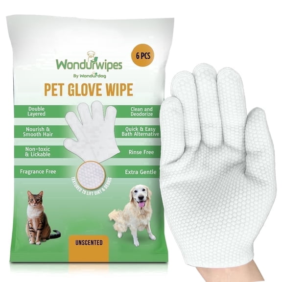 6pc Premium Textured Pet Glove Wipes for Dogs & Cats – Lifts Dirt & Debris, Deodorizing, Hypoallergenic with Aloe Vera