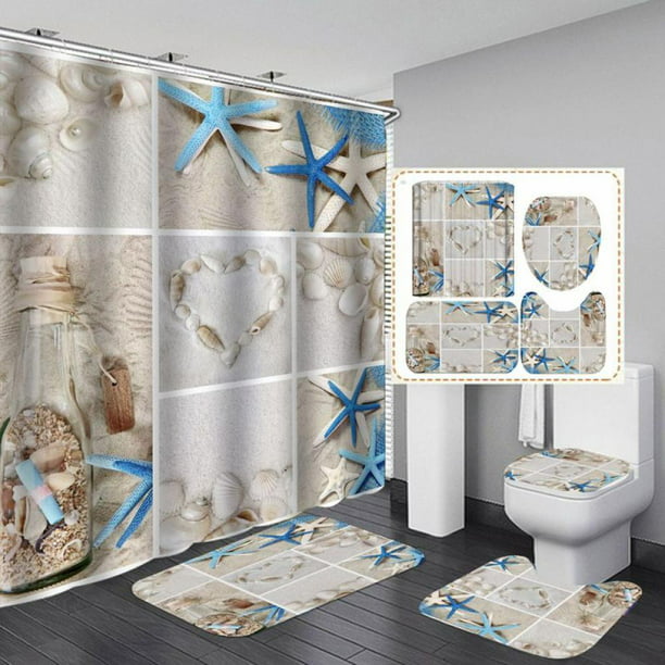 4pcs Beach Sea Shower Curtain Set, Beach Themed Shower Curtain Sets