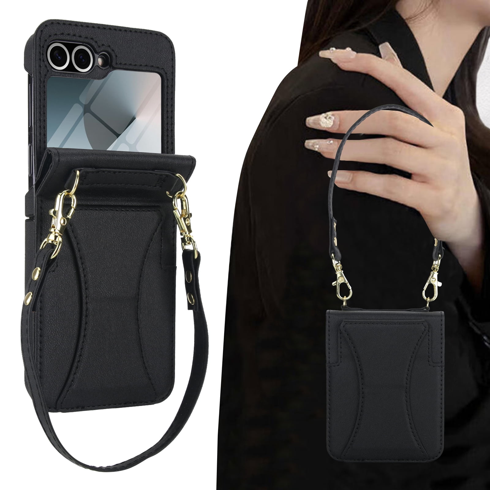 Crossbody For Samsung Galaxy Z Flip 7 Wallet Case with Hidden Kickstand, Credit Card Holder for Samsung Galaxy Z Flip 7 Case Built-in Screen Protector, Shoulder Strap & Lanyard Phone Case,Black
