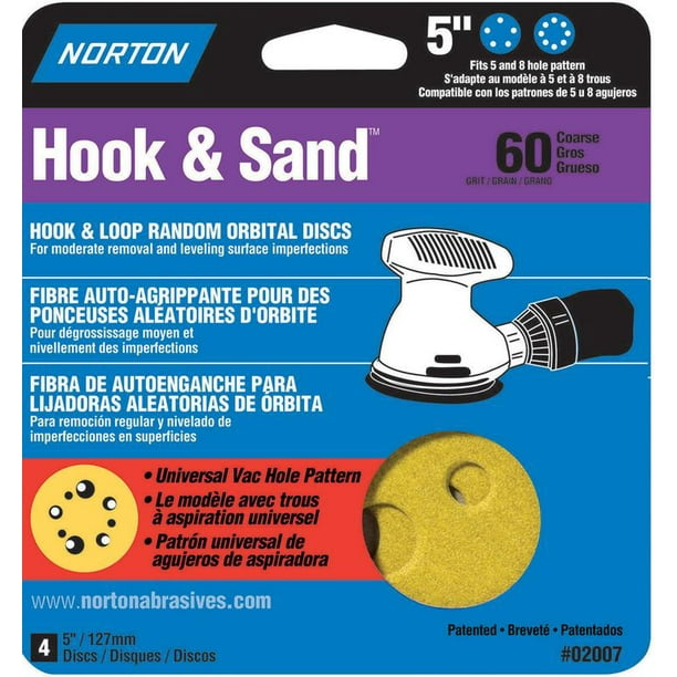 Norton 2007 5 in. 5 & 8 Hole P60 Hook & Loop Sanding Disc, Pack 4