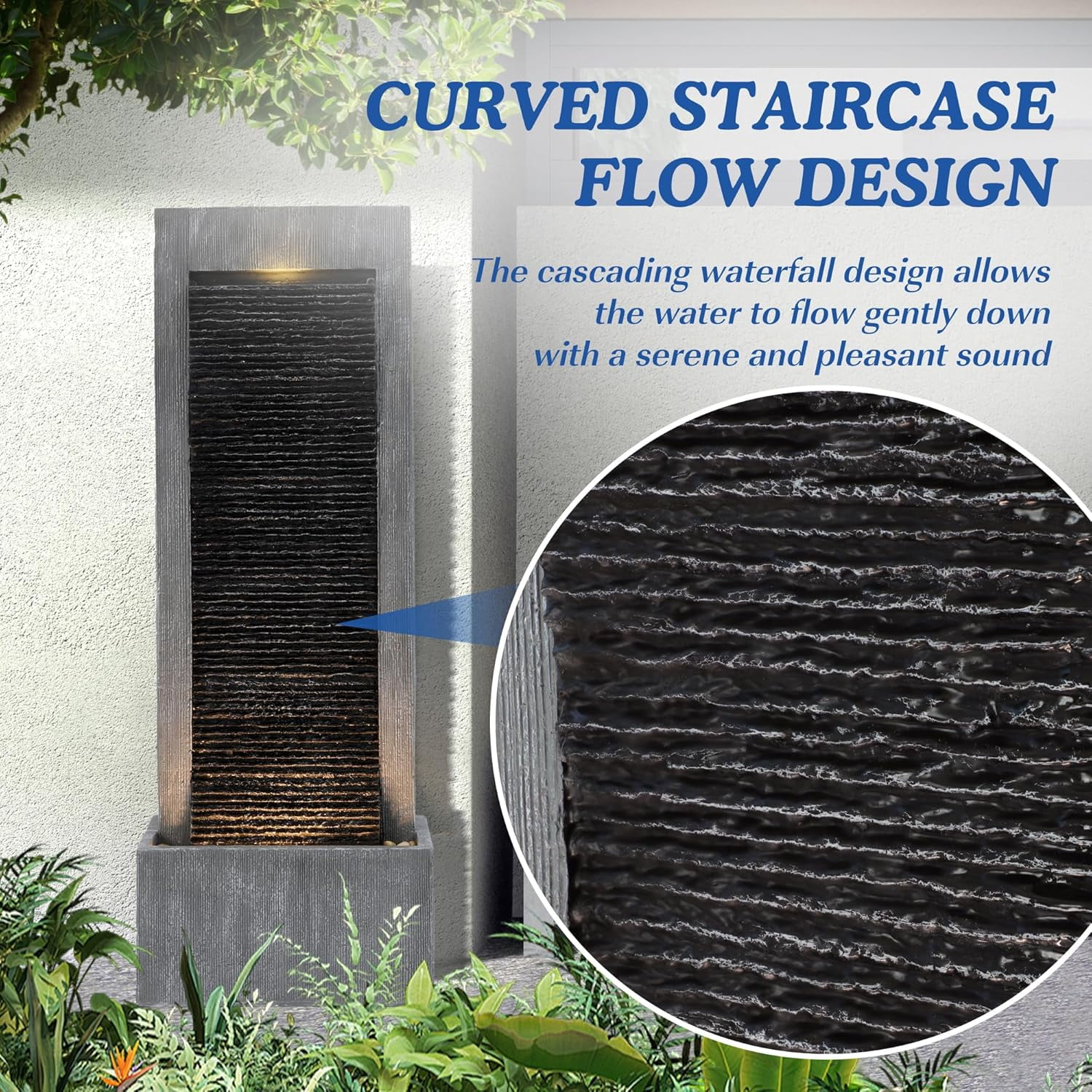 MAGIC UNION Water Fountain Outdoor Garden - Indoor Modern Water Fountain Freestanding Fountains, 49.6" H Contemporary Curves Garden Fountain with LED Lights, Pump and Natural Stones for Garden, Patio
