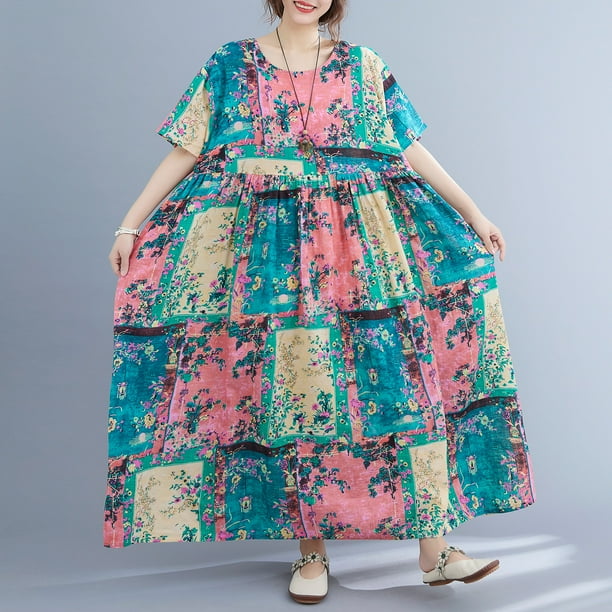 Vestido suelto vintage para mujer, bolsillos estampados de cintura alta, vestidos casuales de vacaci Abanopi Verde