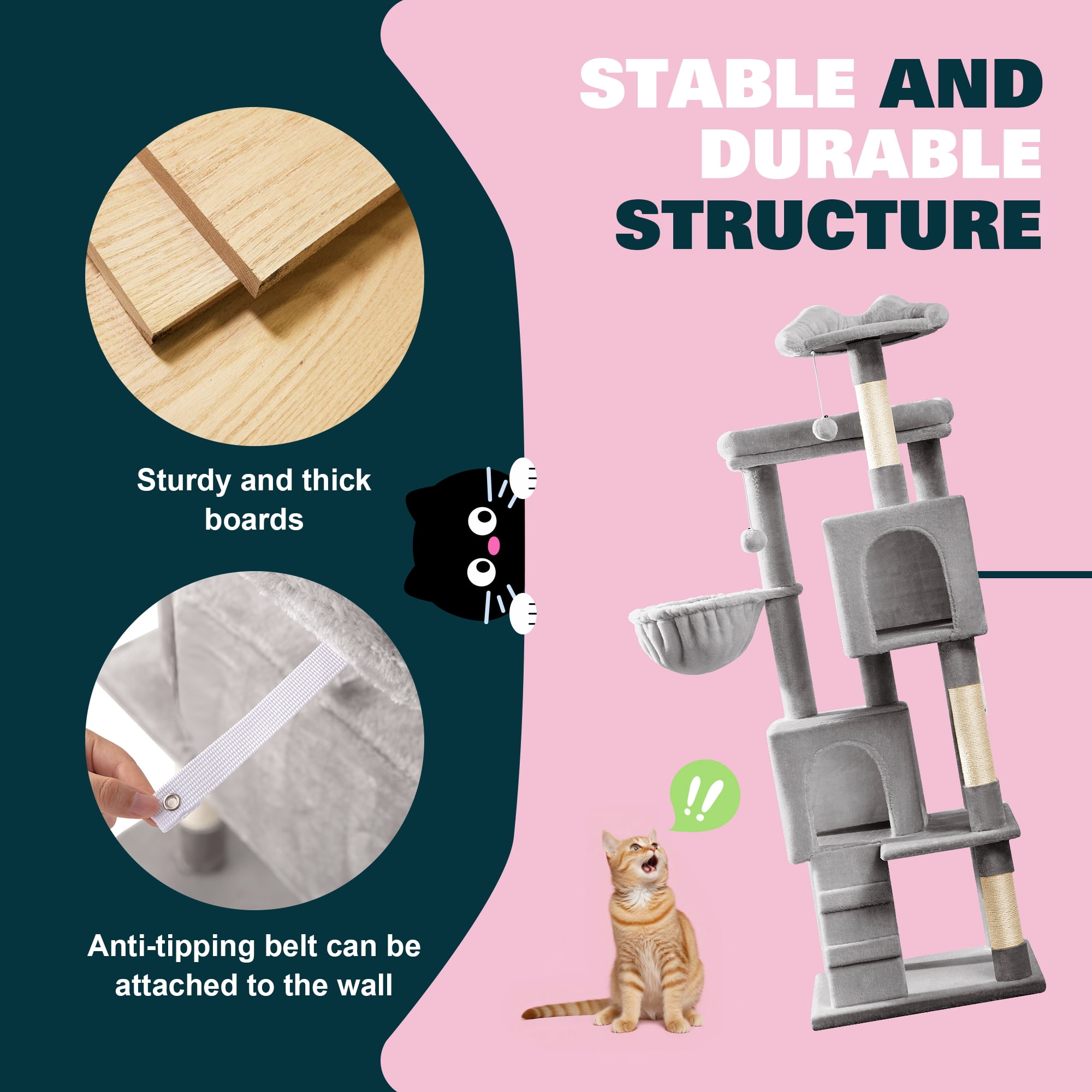 Amolife 64" Large Cat Tree and Tower with Stair, Condo House & Scratching Posts for Indoor Cats, Gray