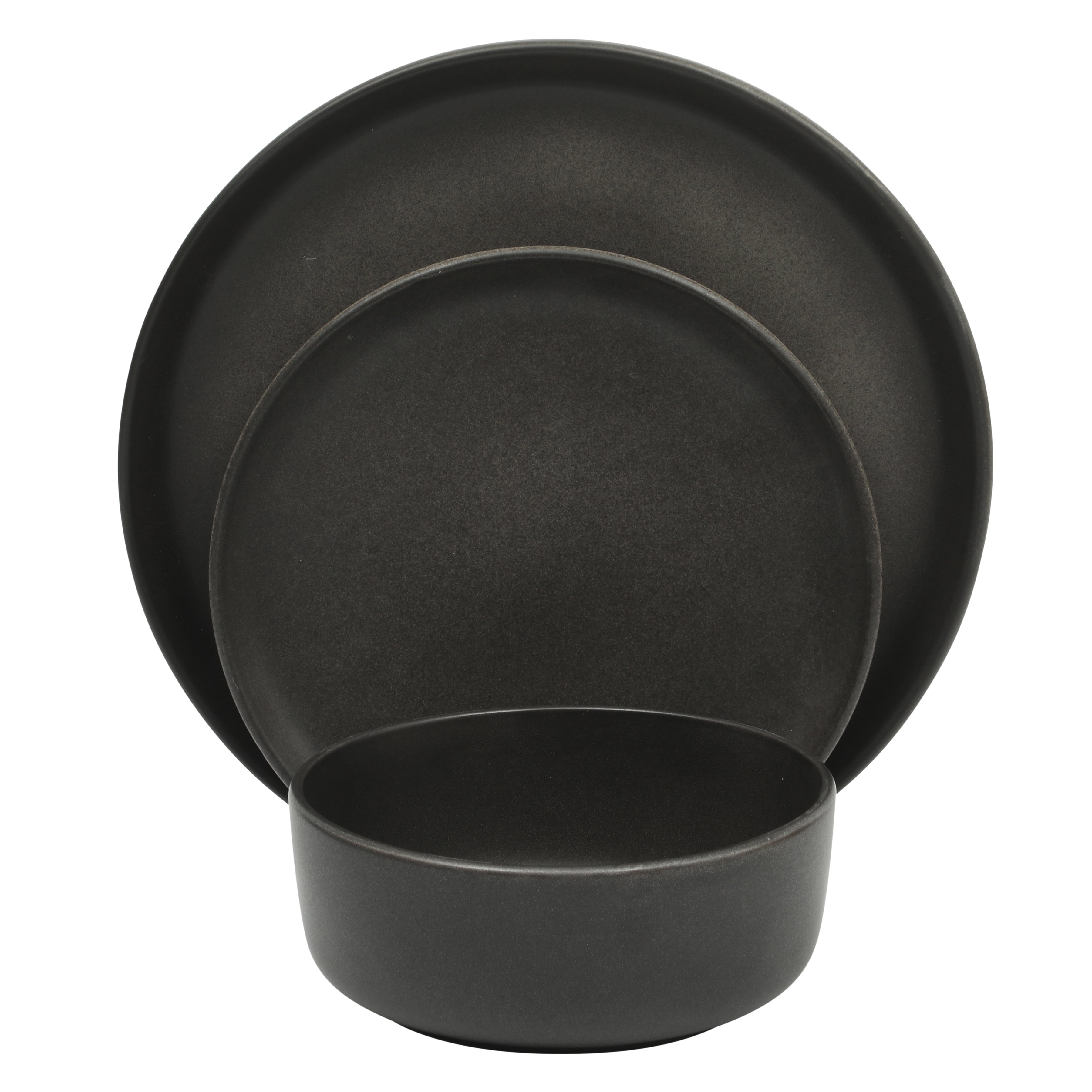 Gibson Elite Pasco 12 Piece (Service for 4) Plates and Bowls Reactive Glaze Dishes Stoneware Ceramic Dinnerware Set - Black