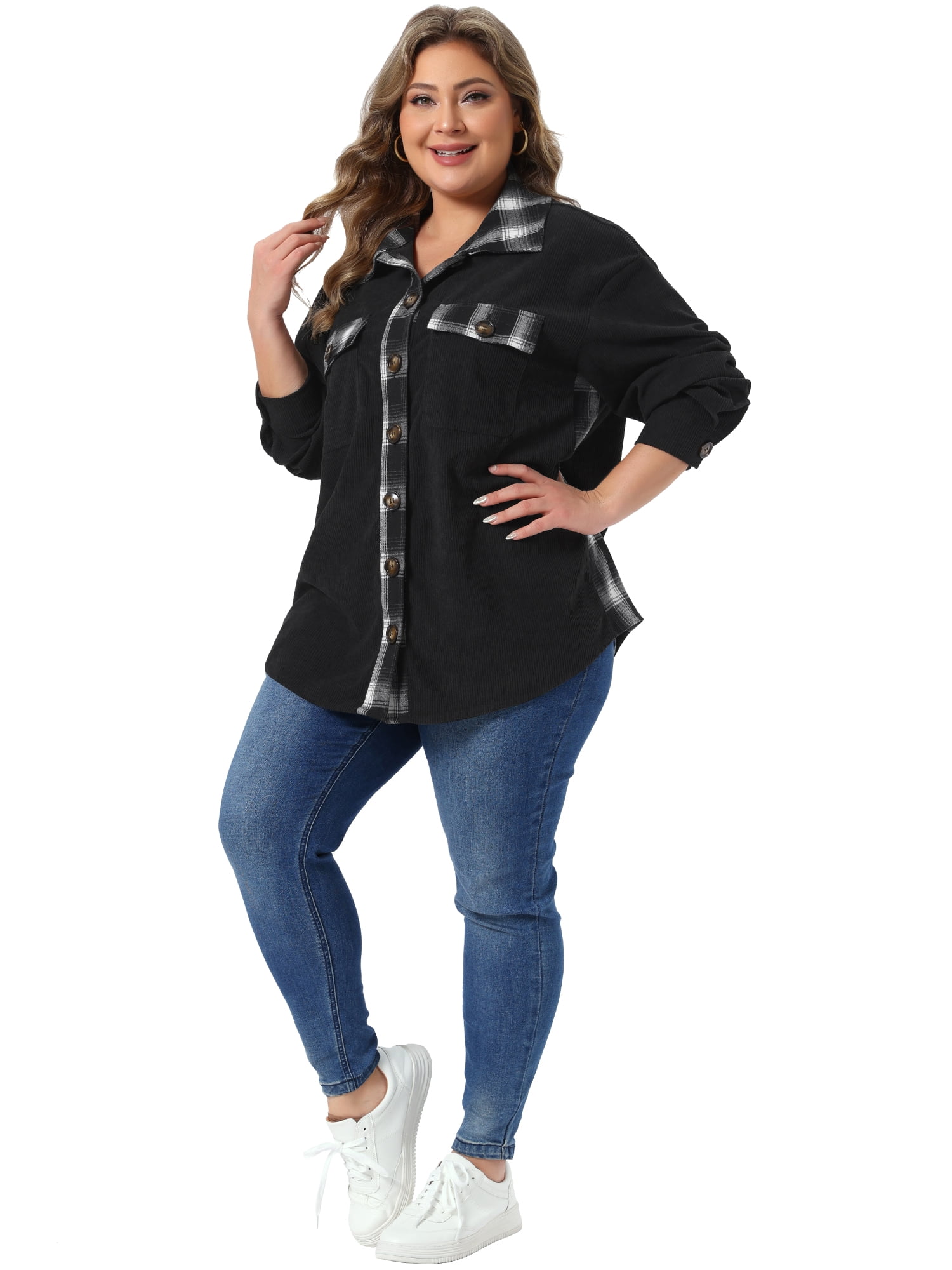 DARING DIVA Women's Plus Corduroy Plaid Long Sleeve Shacket 1X Black