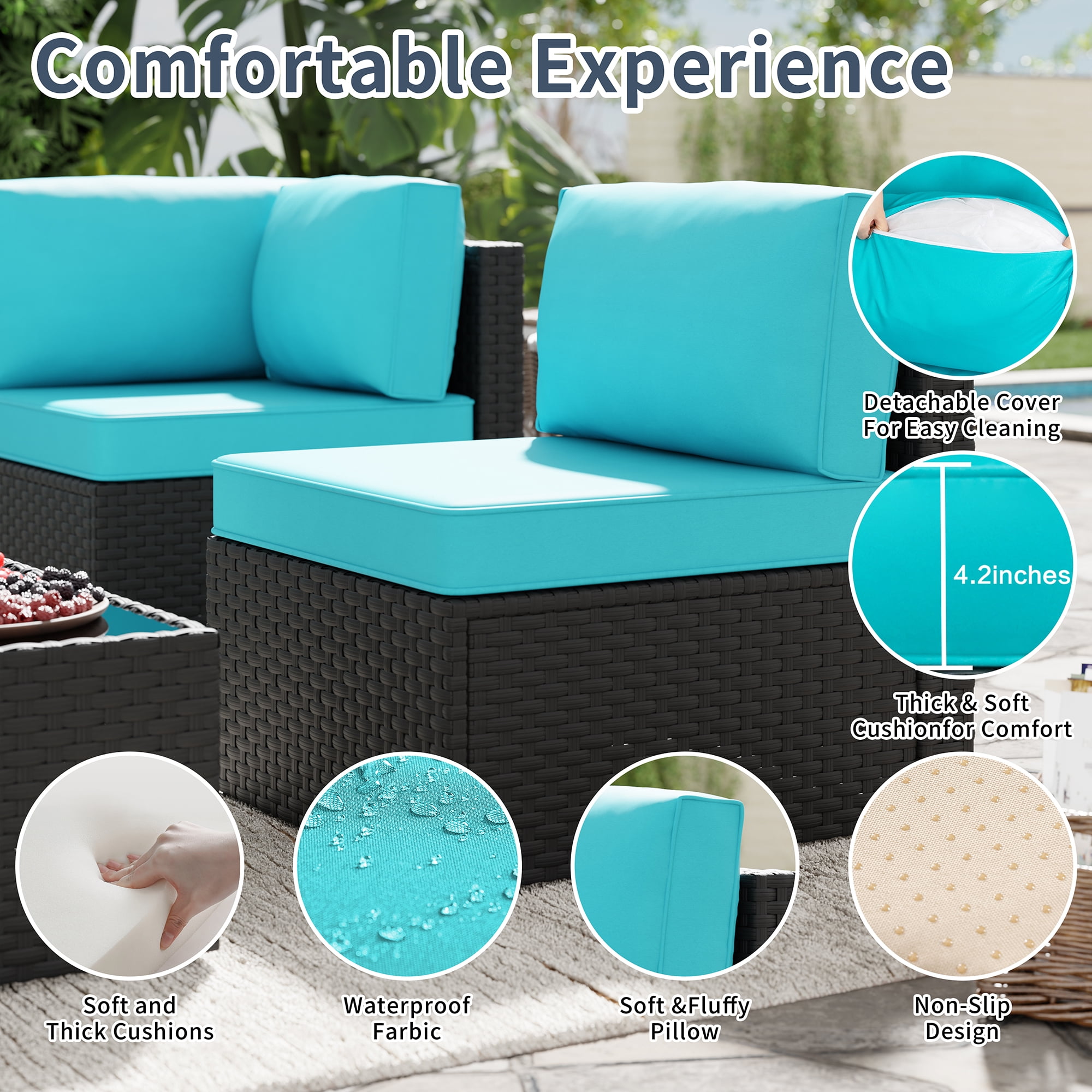 Walsunny 5 Pieces Outdoor Furniture Patio Sectional Sofa Set, Wicker Rattan Conversation Sets with Cushions and Glass Table, Black Rattan Blue Cushions