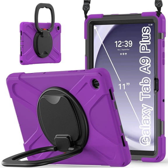 Case for Samsung Galaxy Tab A9 11.0 inch, 360 Degree Rotating Hand Grip Shockproof Cover with Shoulder Strap, Purple