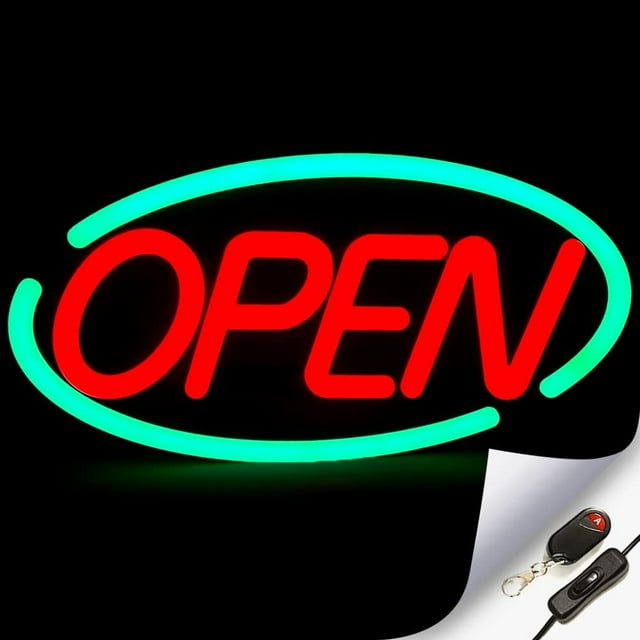 Large Flashing LED Neon Open Sign Light for Businesses with Remote Control Extra Bright Lightweight & Energy Efficient - for Restaurants Offices Retail Shops Windows Storefront - Oval-Green-Red