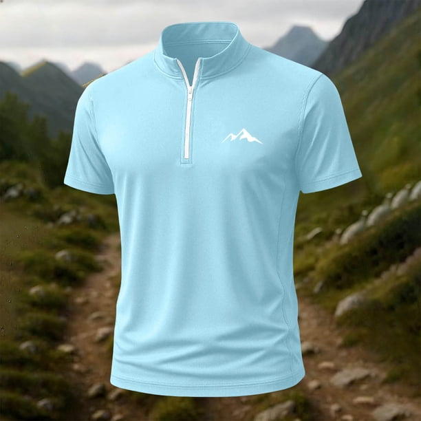 Blusa y camisa de manga corta con cuello alto para hombre, de verano, de color liso, ajustada, deportiva, con cremallera, de manga corta, con cuello alto.