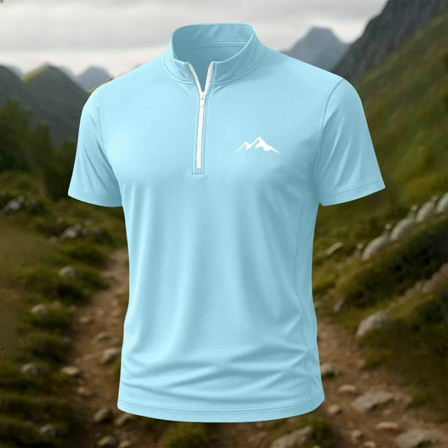 Blusa y camisa de manga corta con cuello alto para hombre, de verano, de color liso, ajustada, deportiva, con cremallera, de manga corta, con cuello alto.