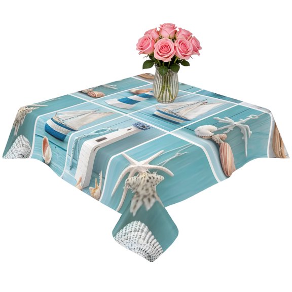 Square Tablecloth,Ocean Beach Lighthouse Starfish Shell Waterproof Oil-Proof Table Cloth Kitchen Dining Tables Cover for Indoor Outdoor Wedding Holiday Party Decor,Blue Wood Grain Plaid