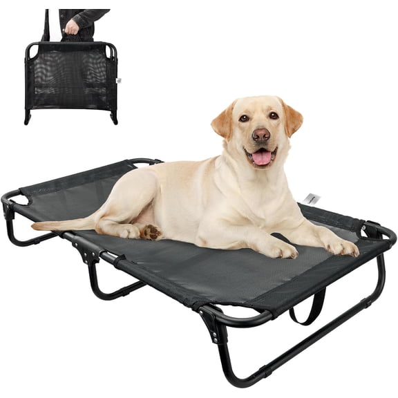 Foldable Elevated Dog Bed for Large Pet, No-Assembly-Need Folding Raised Dog Bed, Waterproof Outdoor Dogs Cot Cooling Pet Hammock Beds with Breathable Mesh, Chew-Proof, Black