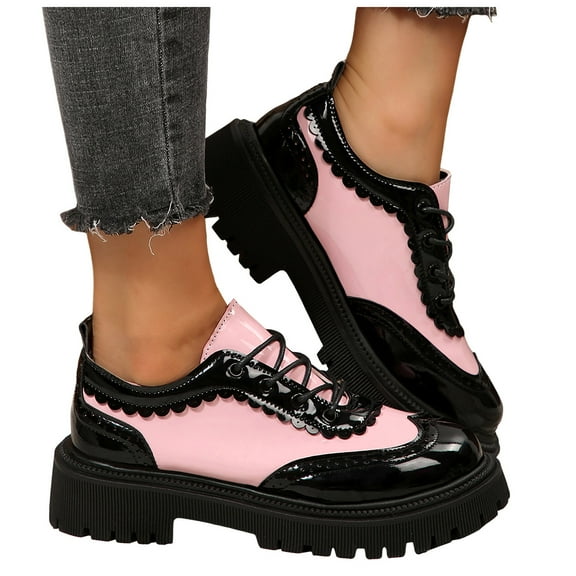 Rokment Vintage Chunky Color Block Mary Jane for Women Retro Leather Lace up Platform Mid Heel Oxfords Dress Shoes Fashion Sneakers Pink Size 6