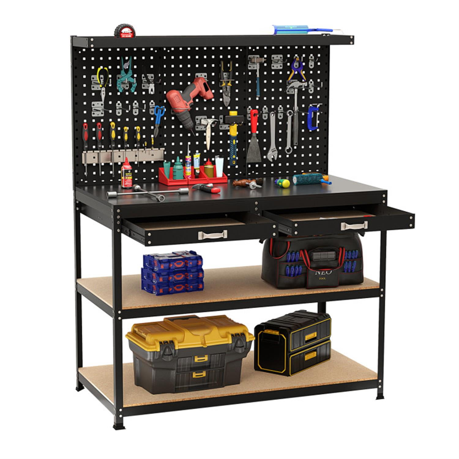 Demi Bonn 48" x 24" Workbench Work Table with 2 PCs Pegboard Drawer and Shelves, 4-Tier Heavy Duty Metal Tool Storage Bench for Garage, Workshop, Black