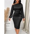 thumbnail image 7 of Black Off-Shoulder Ruched Satin Bodycon Midi Dress With Long Sleeves, 7 of 7