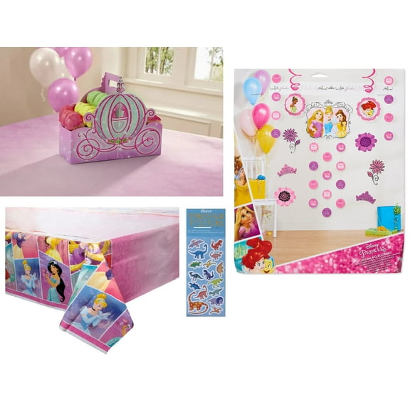 Disney Princess Birthday Party Supplies Bundle includes 1 Paper Snack Caddy, 1 Plastic Table Cover, 1 Room Decoration Kit 30 Pieces, 1 Dinosaur Sticker Sheet
