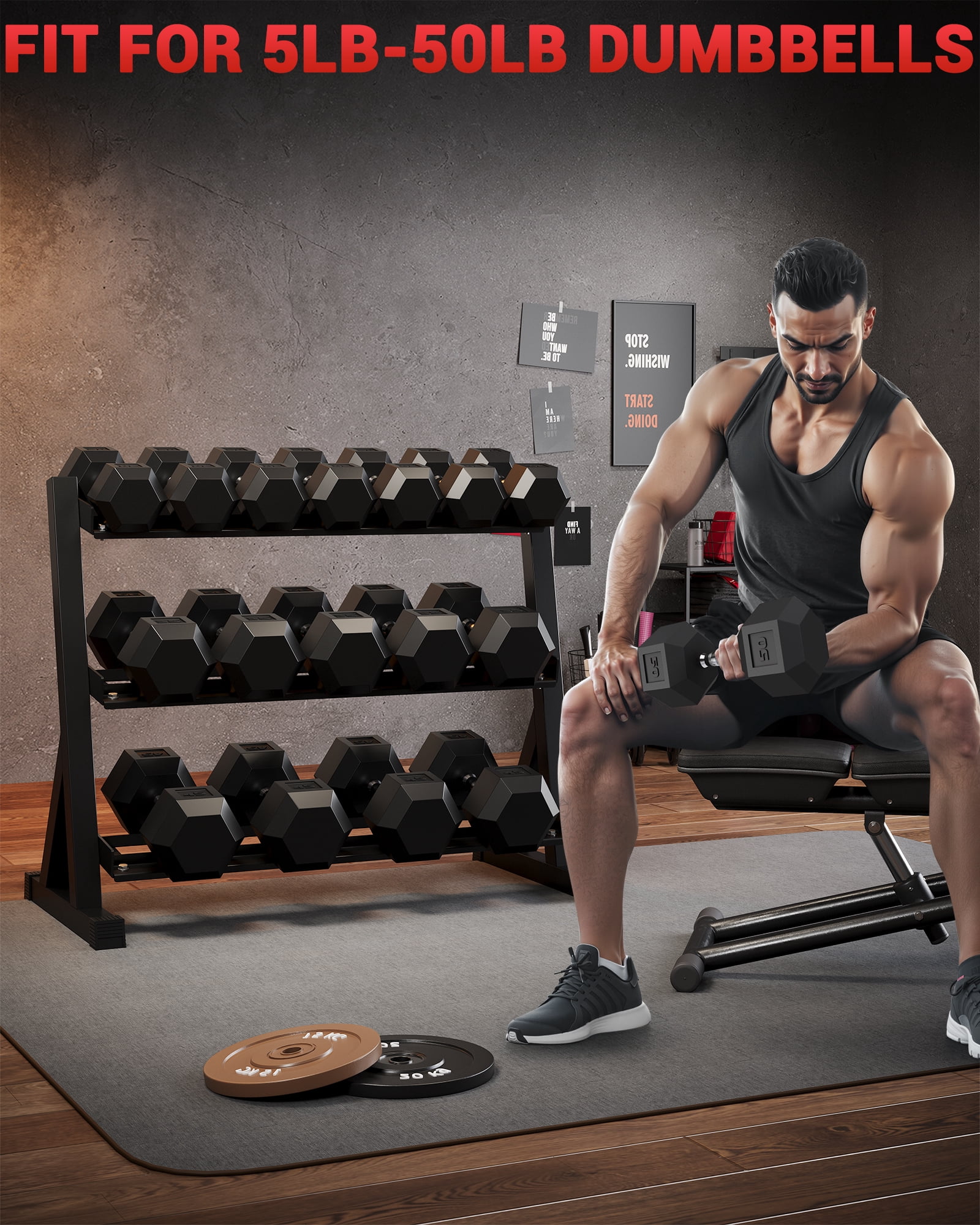 COZONY Dumbbell Rack 3 Tier, Heavy-Duty Steel Weight Storage Stand with Non-Slip Base and Rubber Guards
