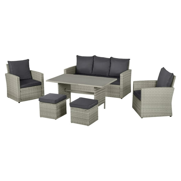 Outsunny 6 Pieces Wicker Patio Dining Set with Cushions, Outdoor Dining Table and Chairs with PE Rattan Sofa Chair, Three-seater Sofa, Plastic Wood Top Dining Table, Grey