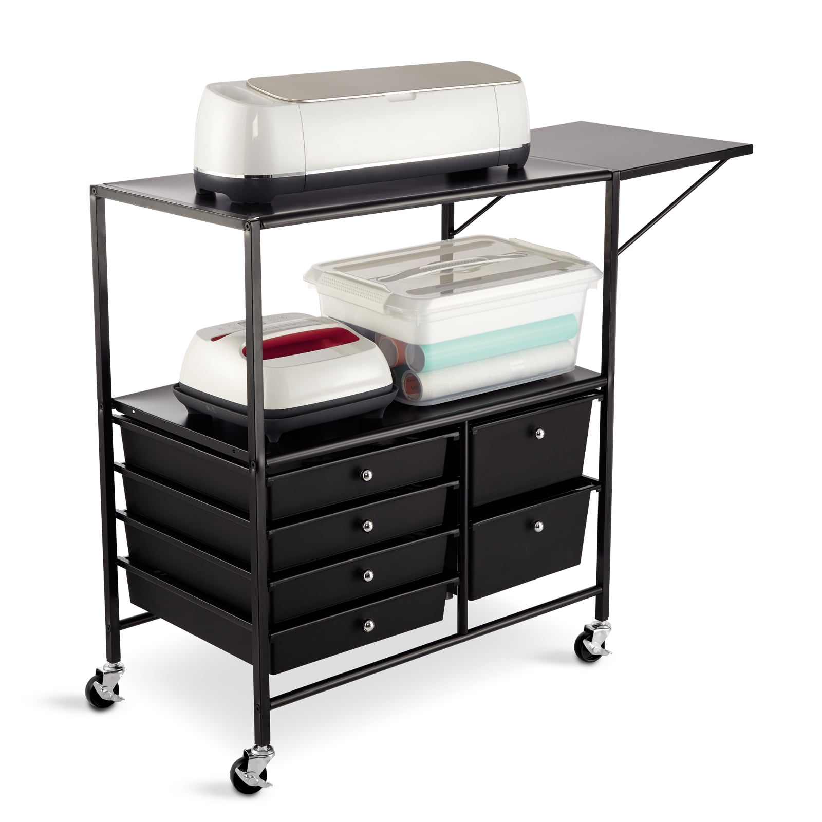 Essex Black Drawers & Rolling Cart with Tray and Extendable Table by Simply Tidy - Multi-Functional Storage Cart for Art & Craft Supplies - 1 Pack