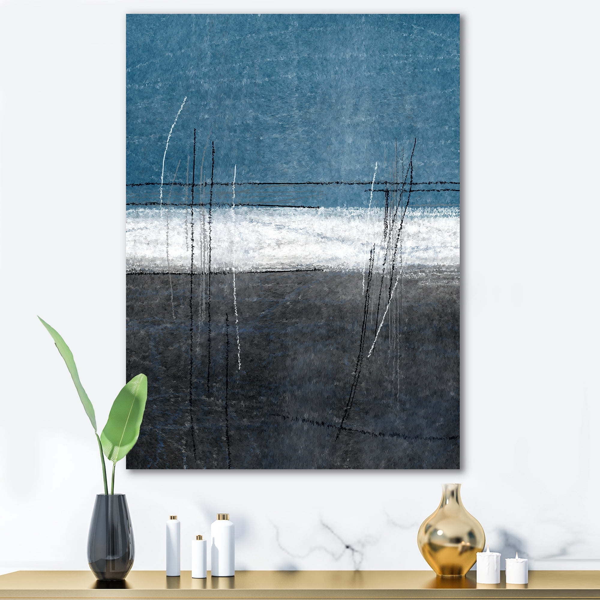 Designart ' Grey Meet Teal Abstract Art ' Modern Canvas Wall Art Print