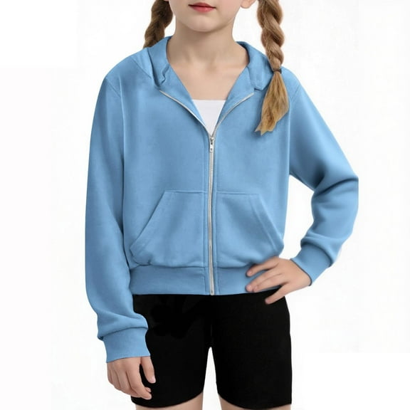 Sookity Girls Zip up Hoodie Comfy Full Zipper Sweatshirt Casual Long Sleeve Solid Tops Lightweight Jackets for Kids Teen Girls Cropped Hoodie Blue,4 Years Girl Gifts