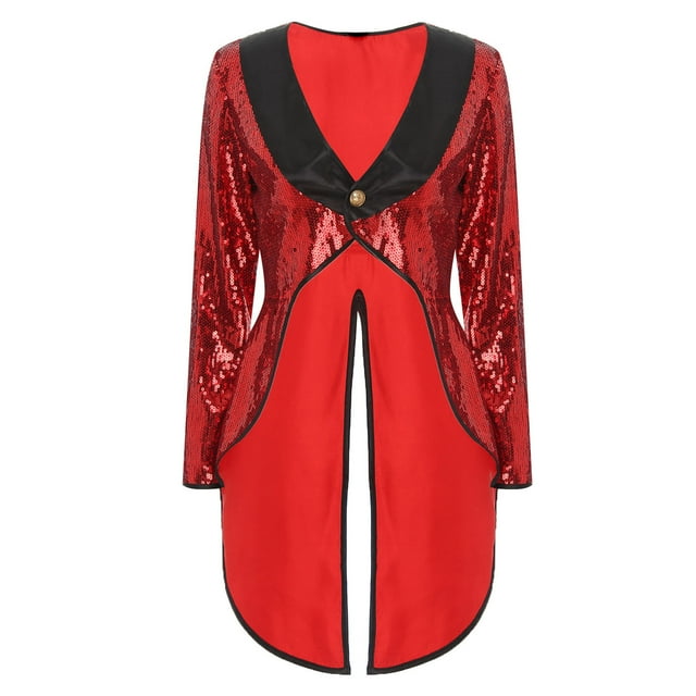 iiniim Women's Circus Ringmaster Costumes Sparkle Sequin One-Button Magician Dress Tailcoat Jacket RedA M