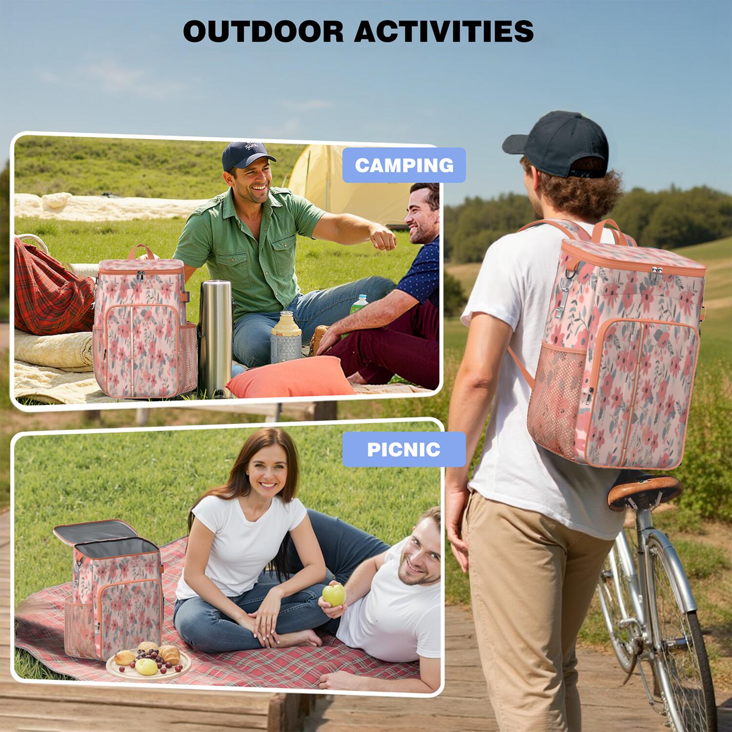 Travel Cooler Bag - Pioneer Flower Floral Print Pattern Camping Beer Cooler Backpack with Bottle Opener- Waterproof Insulated Picnic Backpacks - Cooler Bag for Beach