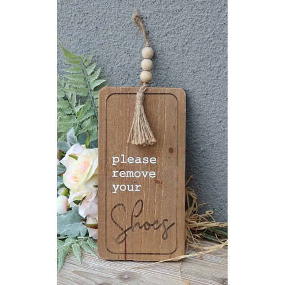 Parisloft Please Remove Your Shoes Wood Wall Sign with Wood Bead String Hanger, Brown