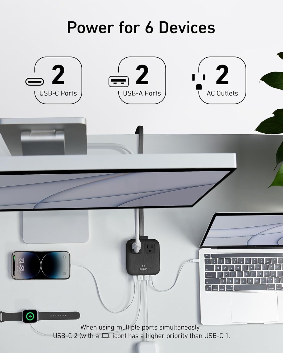 Anker Nano Charging Station(67W Max), 6-in-1 Power Strip Compatible for iPhone 16/15, MacBook, with Flat Plug and 5ft Thin Undetachable Extension Cord,2 AC&2 USB A&2 USB-C, for Home&Office