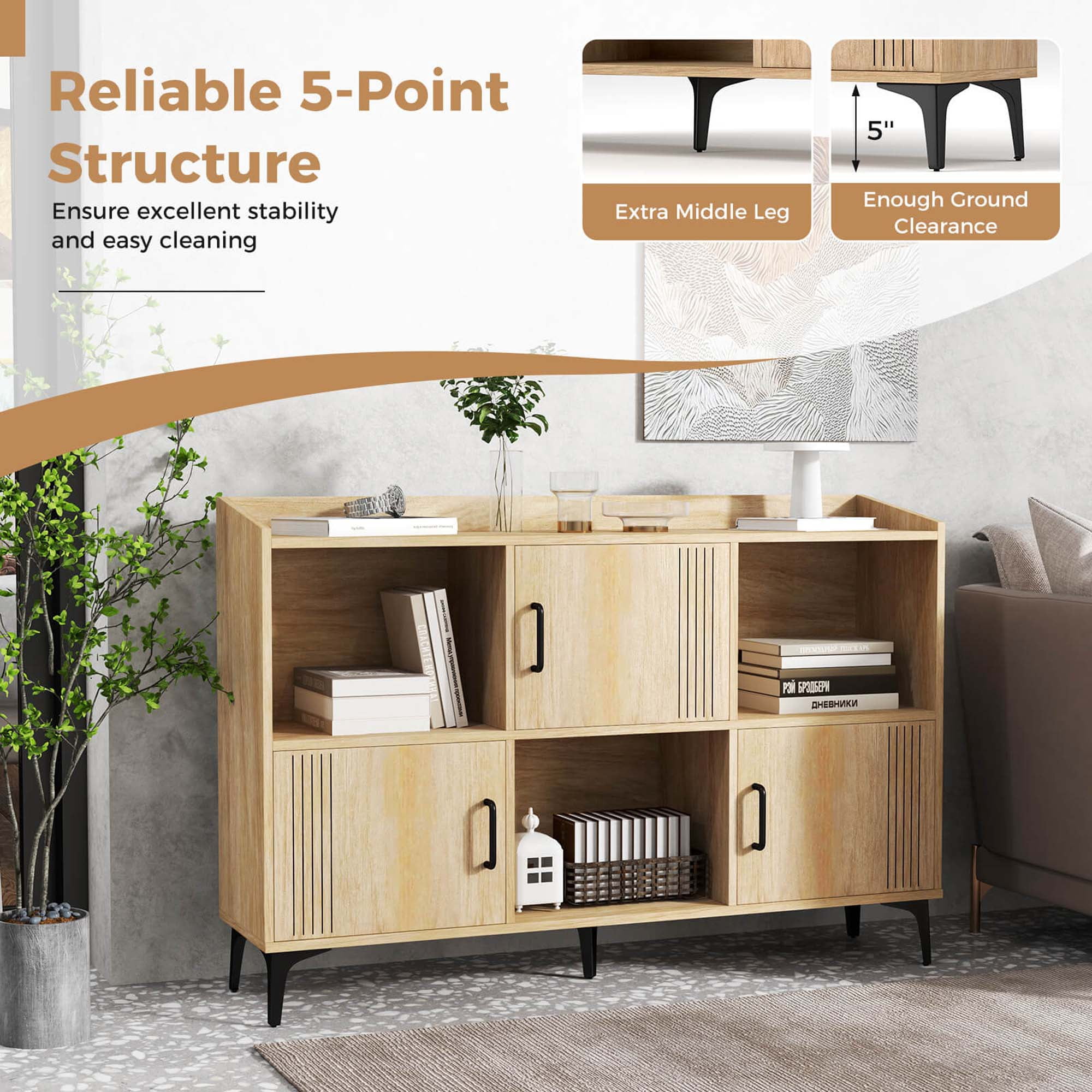 Costway 47" Wide Storage Cabinet Home Large Bookcase with 3 Door Cabinets & Open Shelves