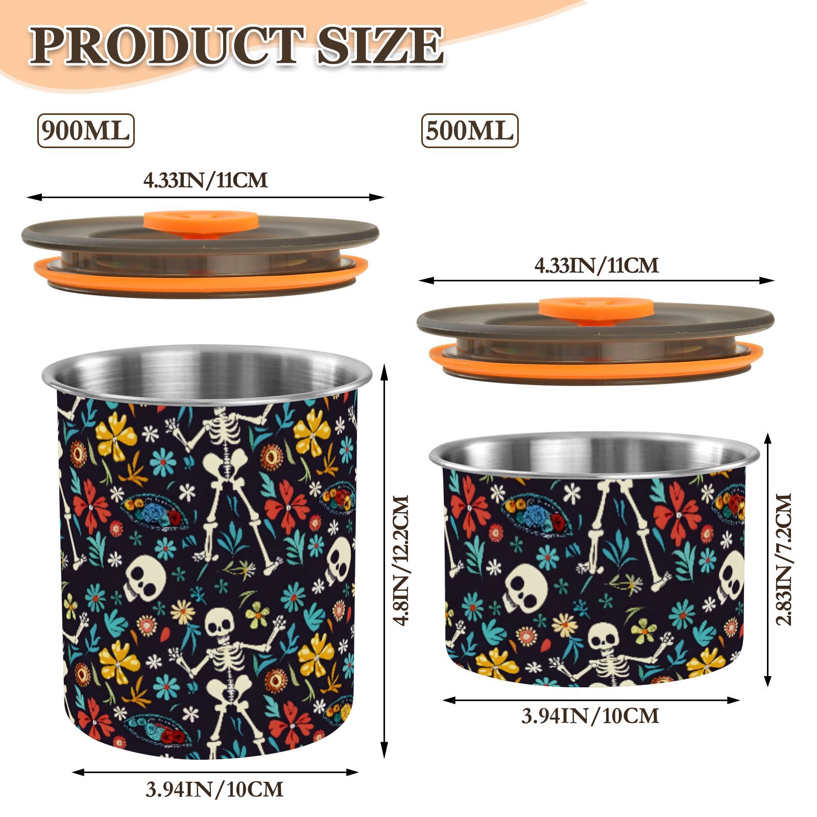 Suagr Skulls Airtight Coffee Bean Canister 30oz Food Storage Containers with Lids For Gournd, Tea, Sugar, Flour, Rice, Cereal, Candy Cookie Jar