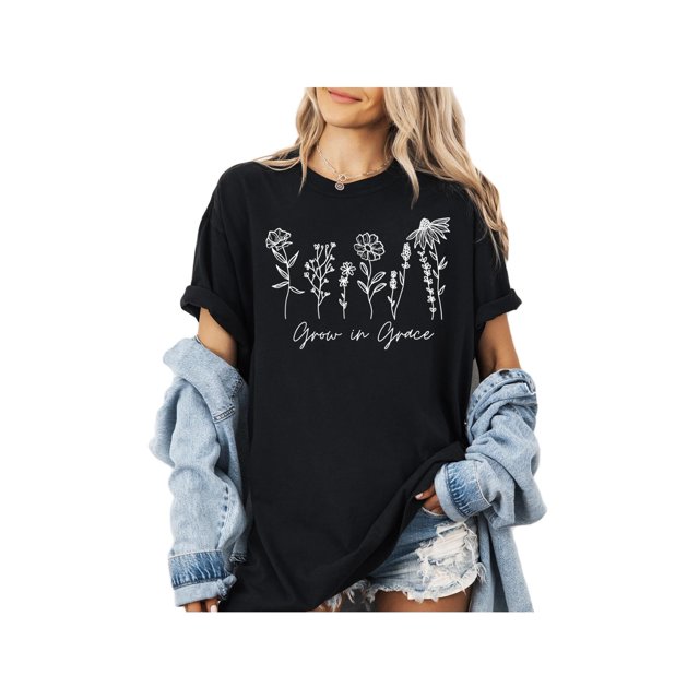 Grow In Grace Christian Flower Graphic T Shirt For Women Inspirational Bible Verse Tees Funny Letter Print Short Sleeve Tee Tops