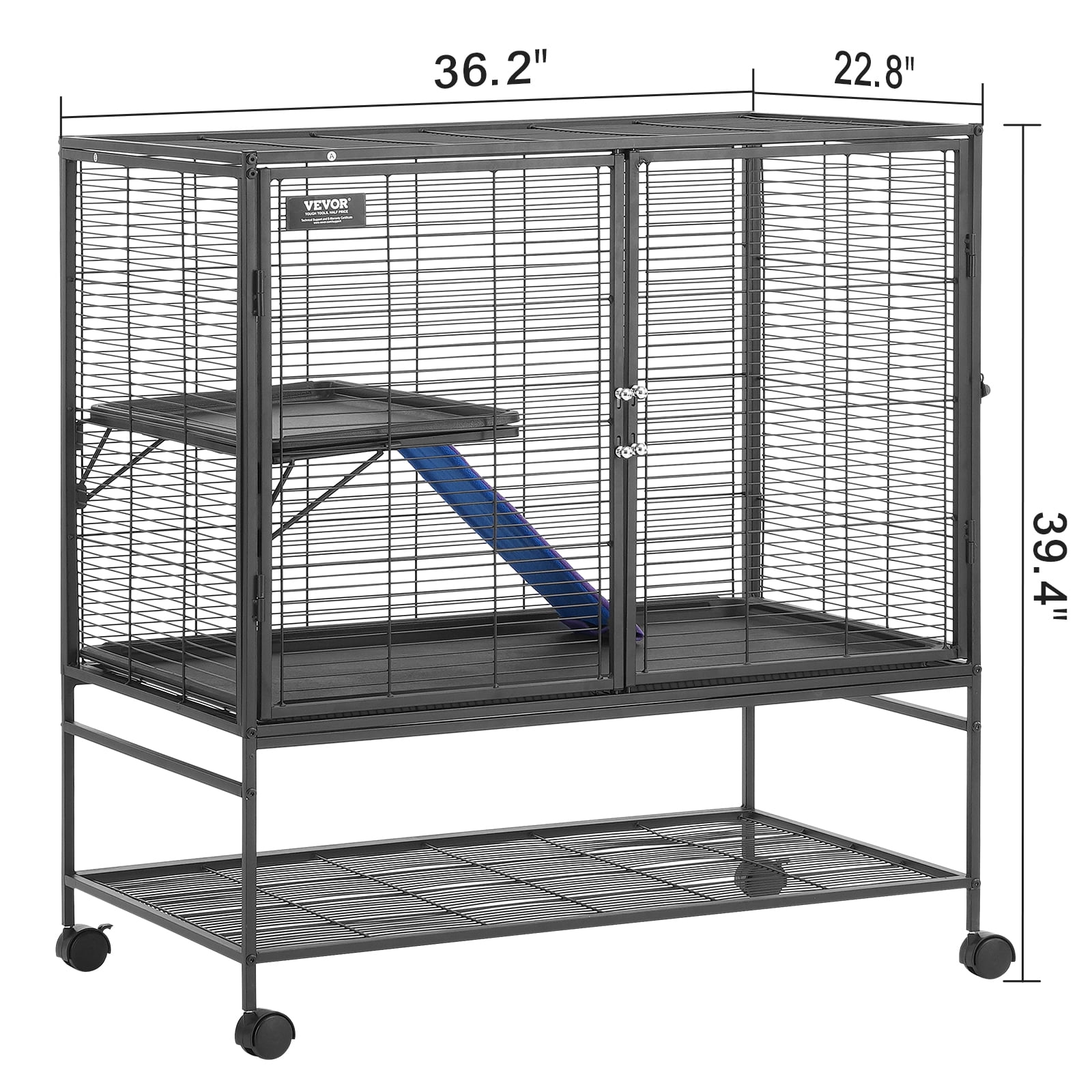 VEVOR 39" Rolling Metal Ferret Cage, Large 2-Tier Small Animal Cage with Ramps & Tray, Easy to Set up for Pet Rats, Hamster, Guinea Pig, Chinchilla, Squirrel, Hedgehogs, Bunny