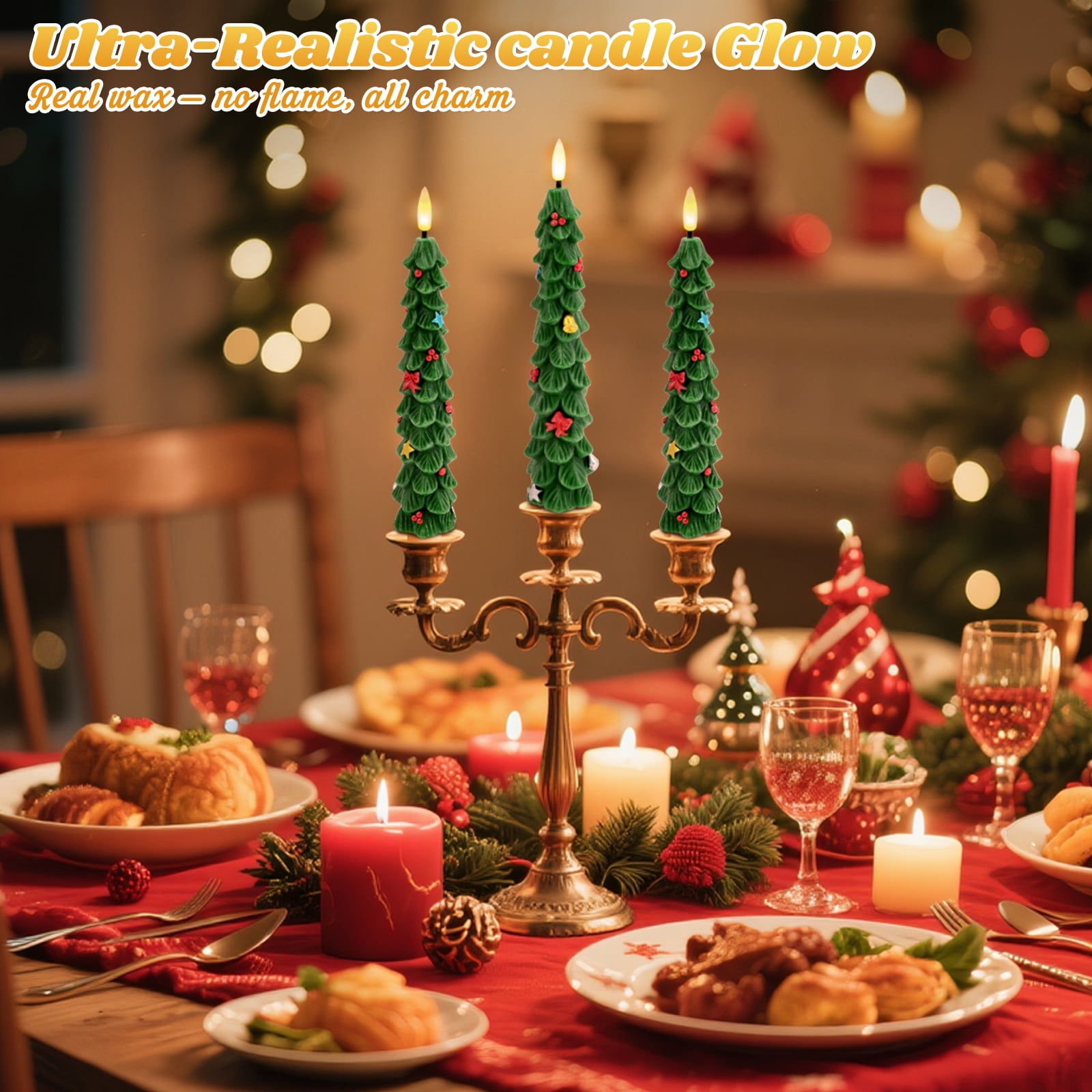 Christmas Tree Flameless Candles with Remote and Timer, Real Wax Battery Operated 3D Wick LED Taper Candles Flameless Flickering Candles for Christmas Holiday Decor(4 PCS)