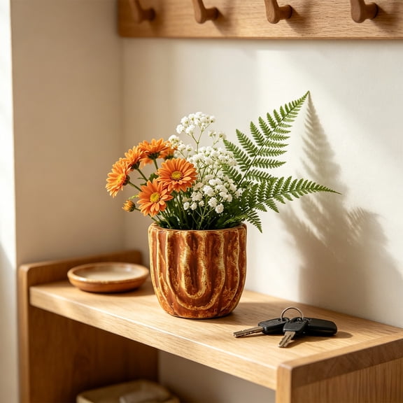 Antique Wavy Ceramic Flower Pot Vintage Rustic Striped Planter with Drainage Hole for Succulents Living Room Home Decor