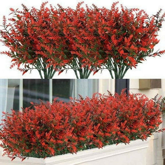 ZOELNIC 8 Bundles Outdoor Artificial Lavender Fake Flowers UV Resistant Shrubs, Faux Plastic Greenery for Indoor Outside Hanging Plants Garden Porch Window Box Home Wedding Farmhouse Decor ,Red