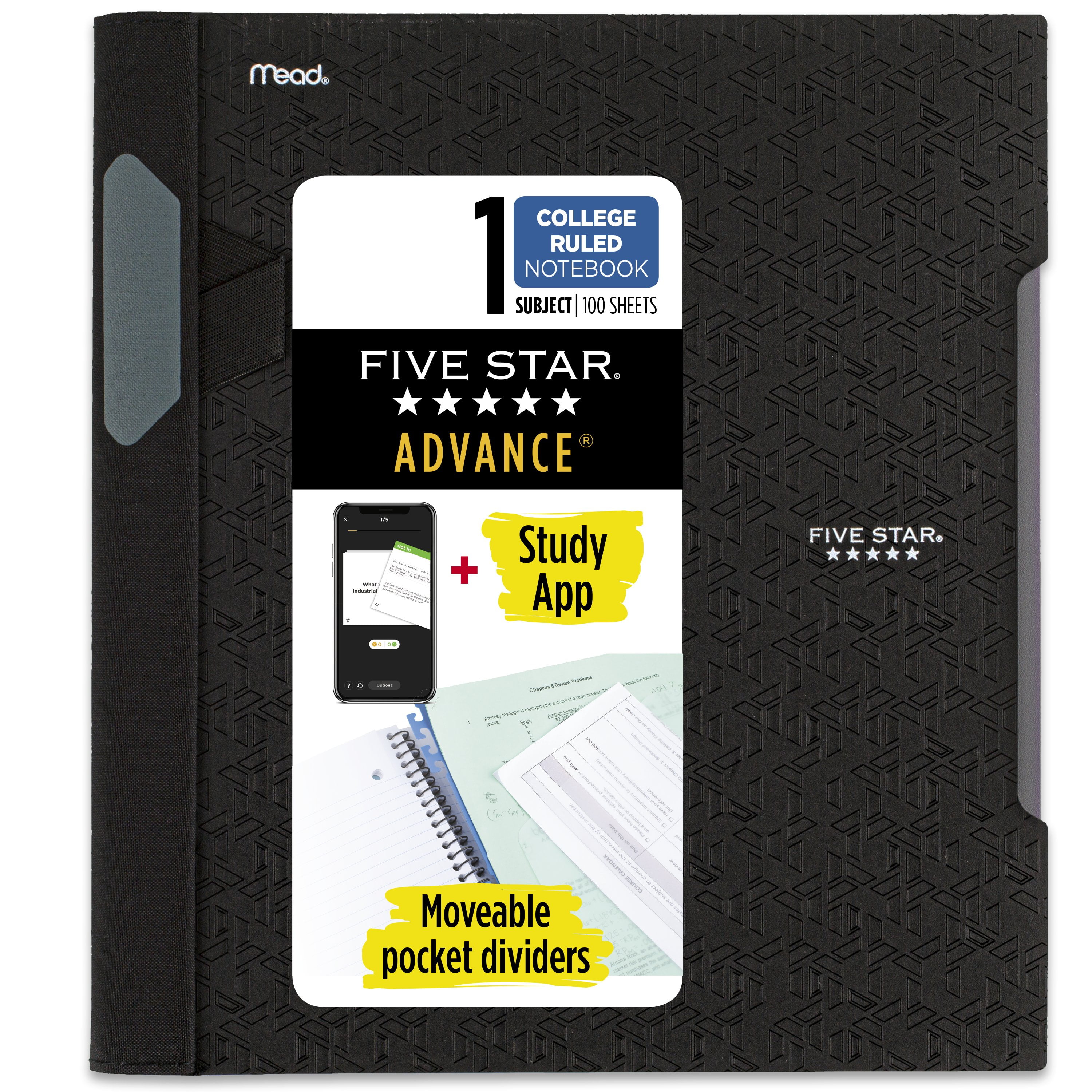 (3 pack) Five Star Advance 1 Subject College Ruled Notebook Plus Study App, 8.5" x 11", Black, Poly, Spiral, 100 Sheets