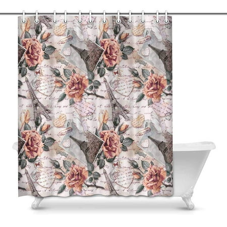 Pop Vintage Eiffel Tower Rose Flowers And Feathers Bathroom Shower Curtain 60x72 Inch
