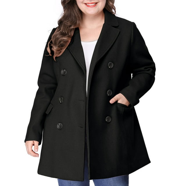 GRACE & GRANDEUR Women's Plus Peacoat Notched Lapel Double Breasted Mid Length Overcoat