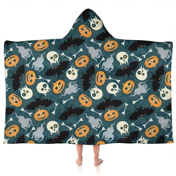 Halloween Spooky Icons Pattern Hooded Bath Towel,50"x30" for Ages 3 To 12 Kids, Quick Dry Lightweight Soft Microfiber Hood Beach Towel Cover Up for Kids