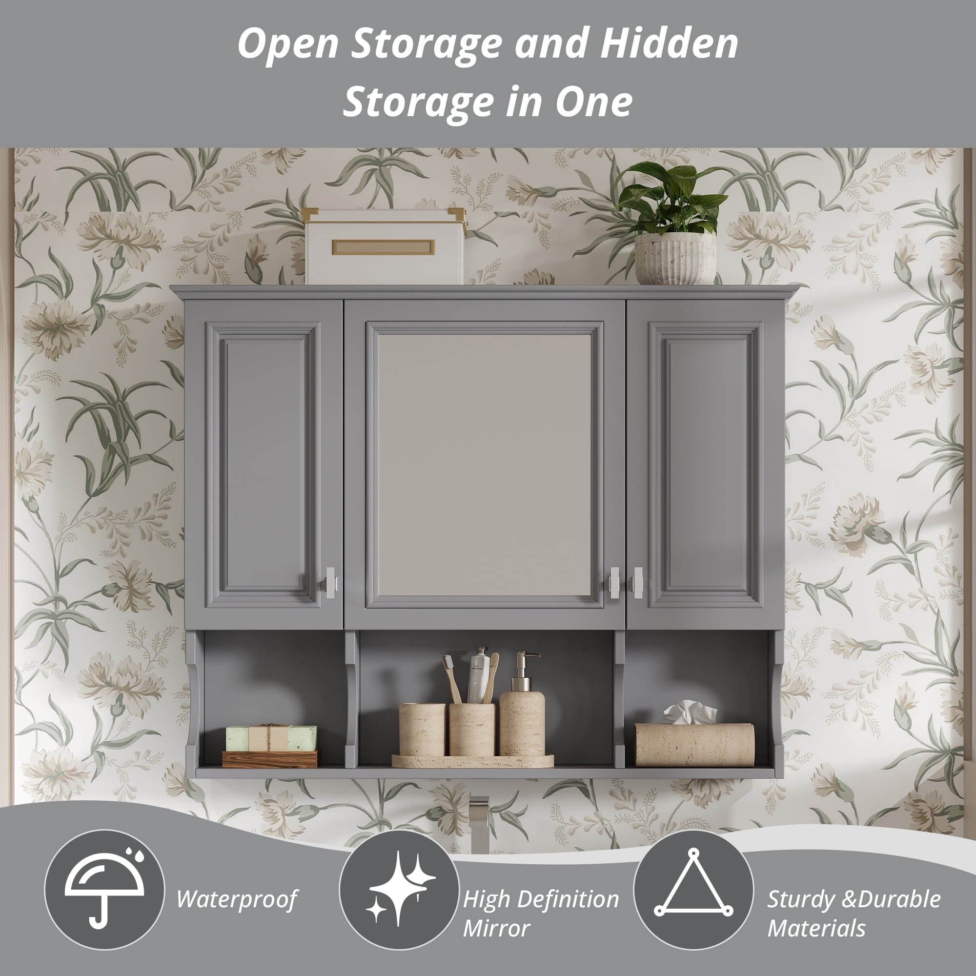 Euroco 35'' x 28'' Wall Mounted Bathroom Medicine Cabinet, Modern Bathroom Wall Cabinet with Mirror, Mirror Cabinet with Open Shelves